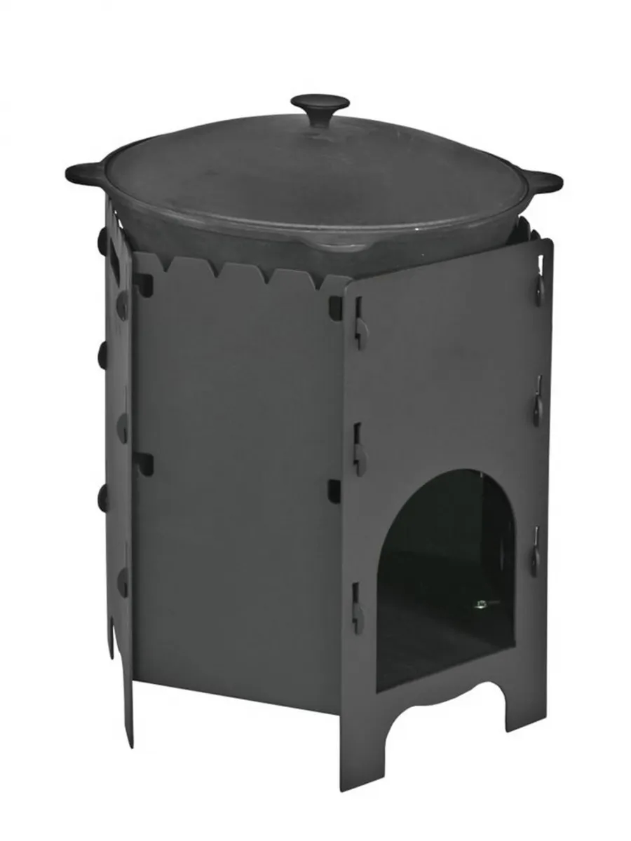 Печка разборная 3 в 1  (мангал, печь под казан, варочная плита) толщина металла 3,0мм, диаметр под казан 26см, высота 450мм, ширина 430мм, окрашена термостойкой эмалью до 1000 градусов