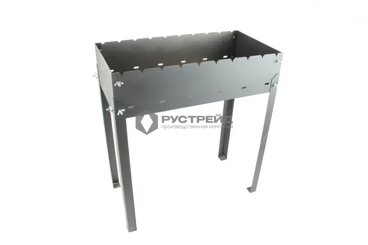 Мангал № 1 разборный ( толщина - 1,5 мм., длина - 600 мм., высота - 700 мм., ширина - 300 мм.) Окрашен термостойкой эмалью до 1000 градусов. Вес 7 кг.