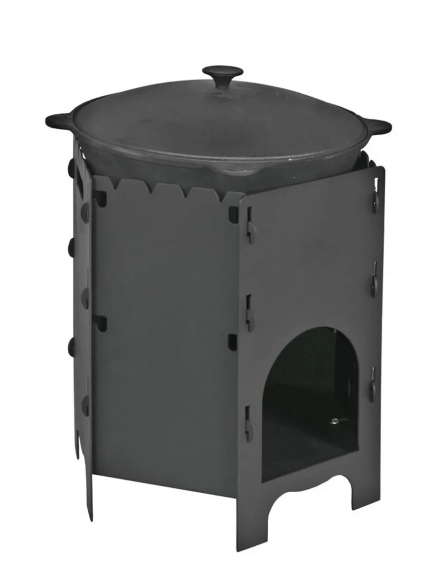 Печка разборная 3 в 1  (мангал, печь под казан, варочная плита) толщина металла 3,0мм, диаметр под казан 26см, высота 450мм, ширина 430мм, окрашена термостойкой эмалью до 1000 градусов - изображение 1