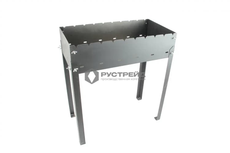 Мангал № 1 разборный ( толщина - 1,5 мм., длина - 600 мм., высота - 700 мм., ширина - 300 мм.) Окрашен термостойкой эмалью до 1000 градусов. Вес 7 кг.