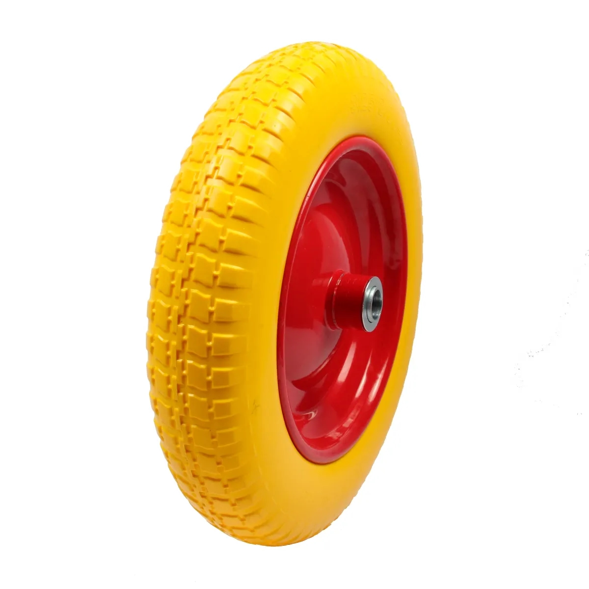 Колесо полиуретановое (бескамерное) (цветное) 14х3,25-8 с подшипником д.20 мм для строительной 2-х колесной тачки